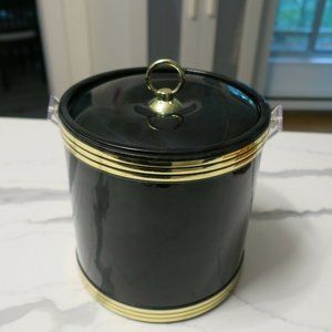 Retro Vintage MCM Ice Bucket Black with Faint Green Texture look & Gold Trim 8"